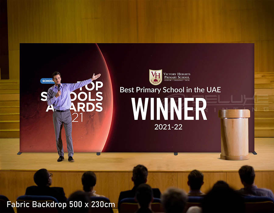 Event backdrop printing Dubai - step repeat banner stand 5x3 fabric