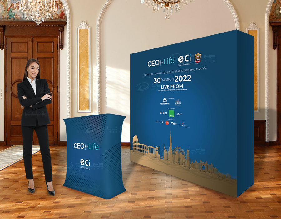 Rectangular exhibition counter Dubai UAE - branded display table